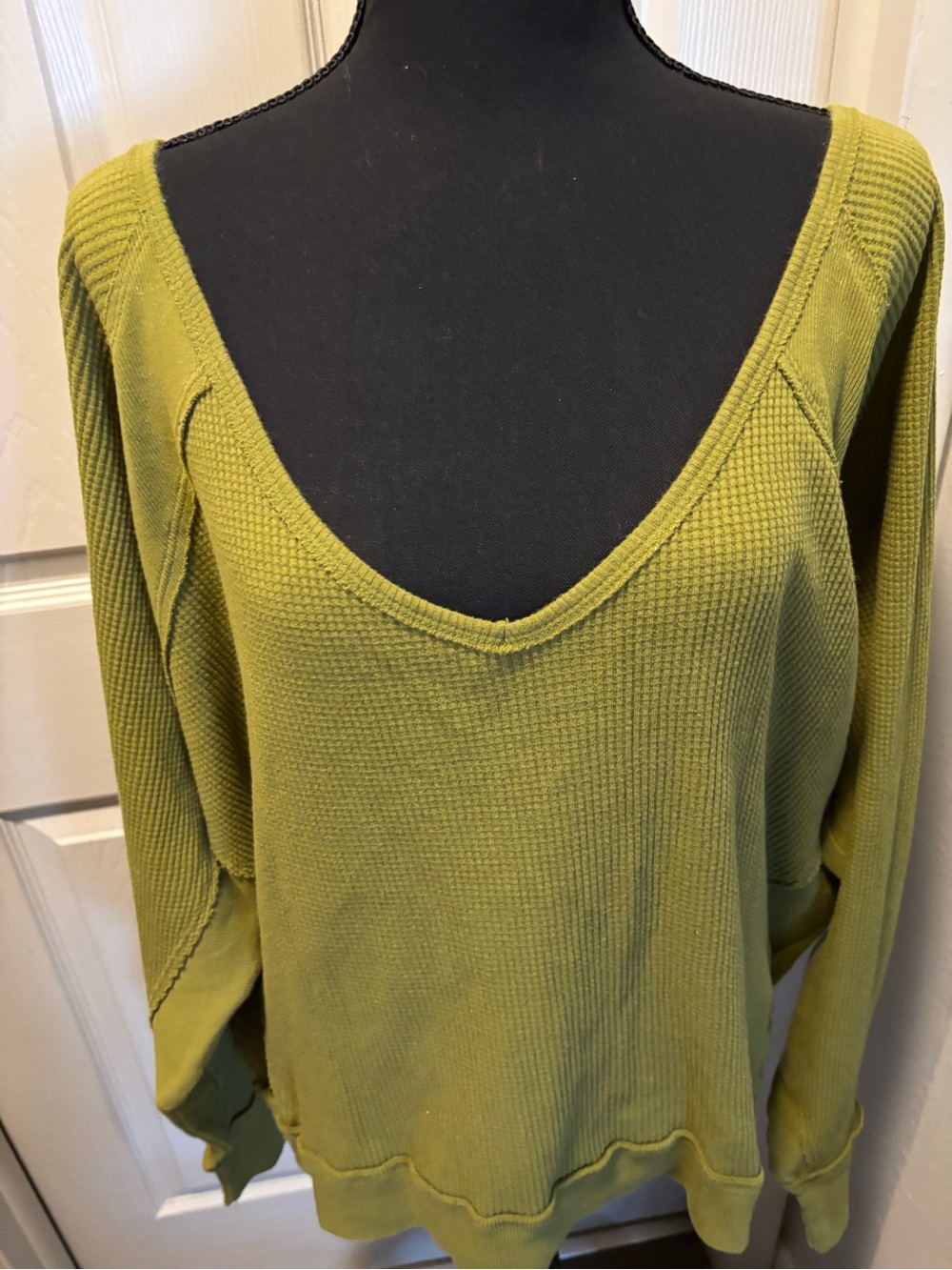 Free People Olive Green V-Neck Waffle Knit Pullover